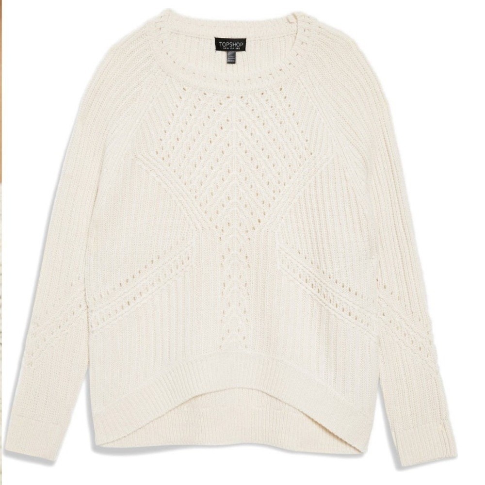 Topshop Knit Sweater 2 Ivory Pointelle Ribbed Raglan Crewneck Coastal Layering